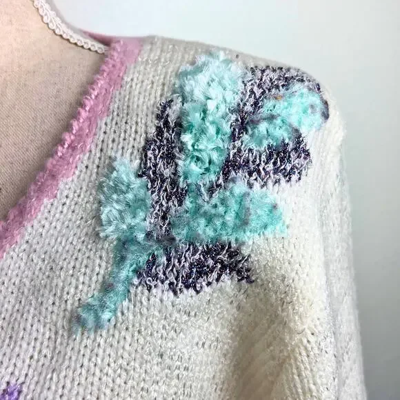 Vintage 80s Pastel Knit Sweater M – Whimsigoth Coquette Cottagecore Halloween - Picture 6 of 8